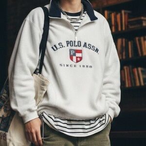 U.S. Polo Assn. Quarter Zip Fleece Jacket White Navy Large Grandadcore